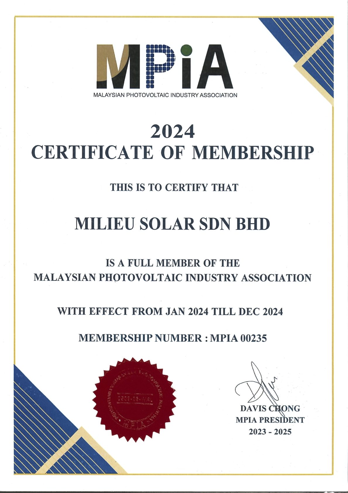 solar panel system Malaysia - MPiA- Certificate 2024