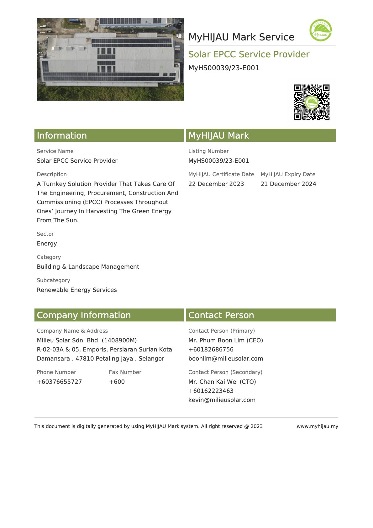 MyHIJAU Certificate for solar panel system malaysia