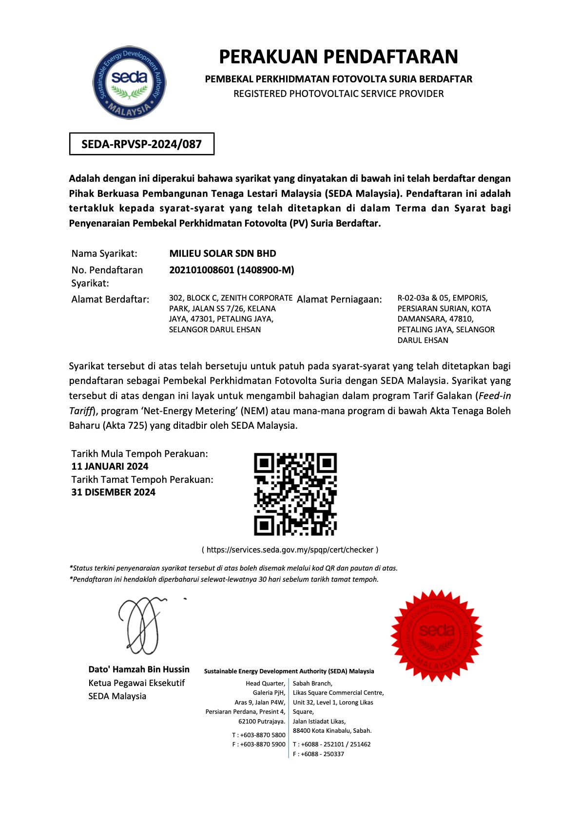 SEDA RPVSP CERT 2024 for solar system installer